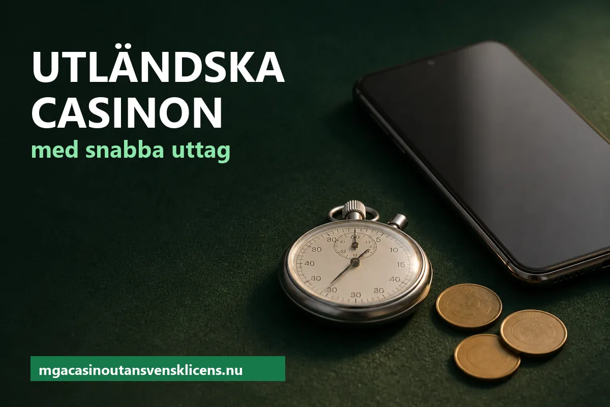 Ett tidtagarur bredvid en mobiltelefon och några mynt på ett mörkgrönt bord – utländska casinon med snabba uttag