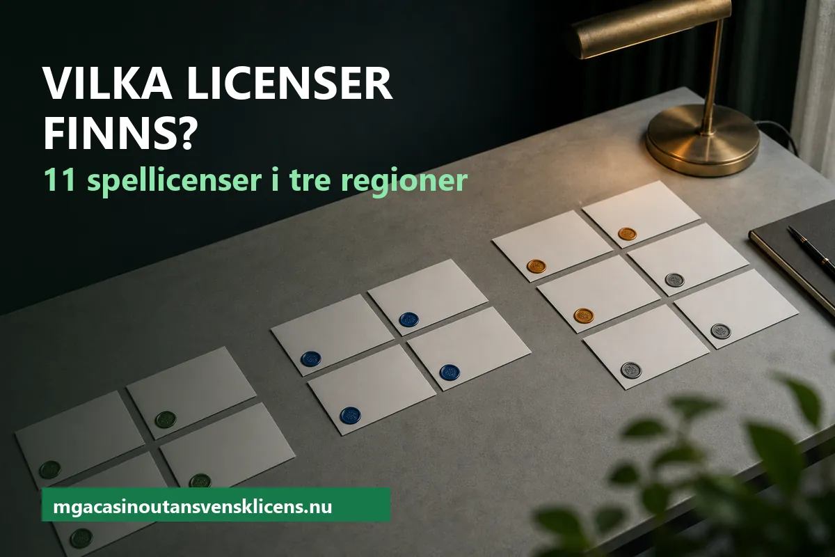 Vilka licenser finns inom gambling – en rad tomma licenskort med sigill i olika färger sorterade i tre grupper på ett skrivbord