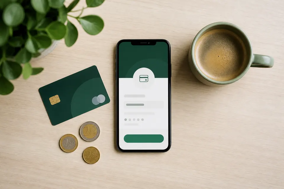 Casino med EMTA licens – mobil med en bankapp och en grön bekräftelseknapp på ett ljust bord