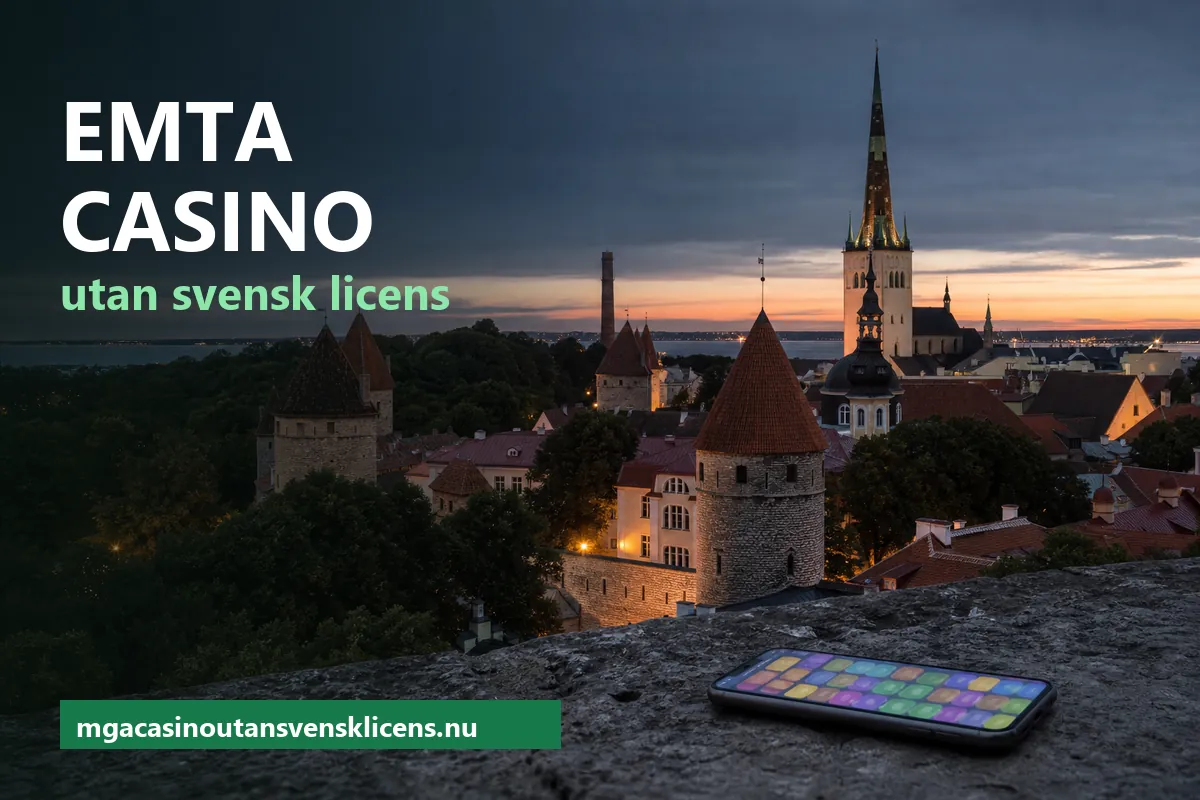 EMTA casino utan svensk licens – Tallinns gamla stad i skymning med en mobil som visar en spellobby