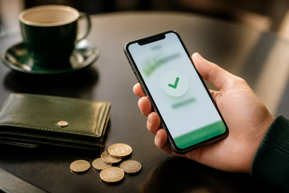 Hand som håller en mobiltelefon med en grön bock bredvid euromynt och en plånbok