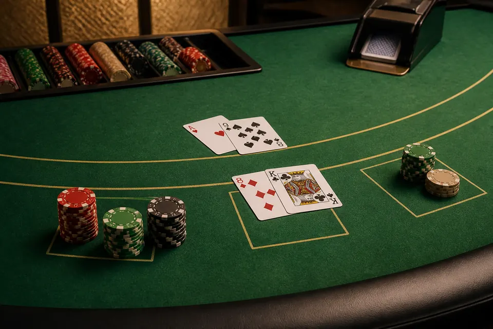Blackjackbord med kort och marker i grönt filtljus
