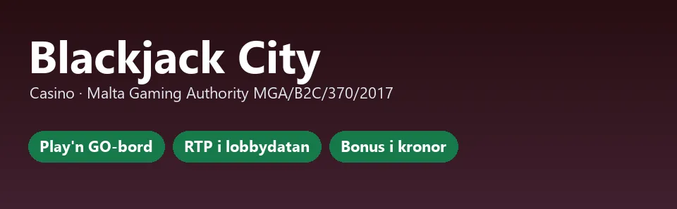 Blackjack City startsida med blackjack- och livebord