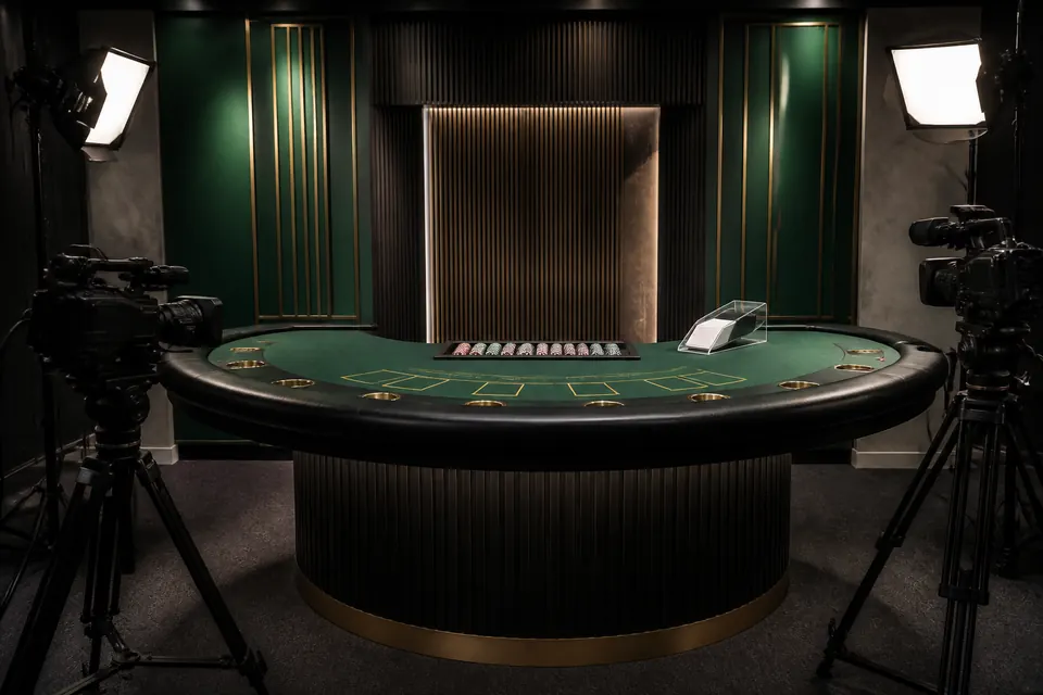 Kameror och ett tomt blackjackbord i en livecasinostudio med dämpat ljus