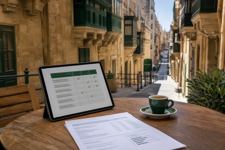 Vad är ett MGA casino – kalkstensfasader i Valletta med en surfplatta och ett kontoutdrag på ett bord
