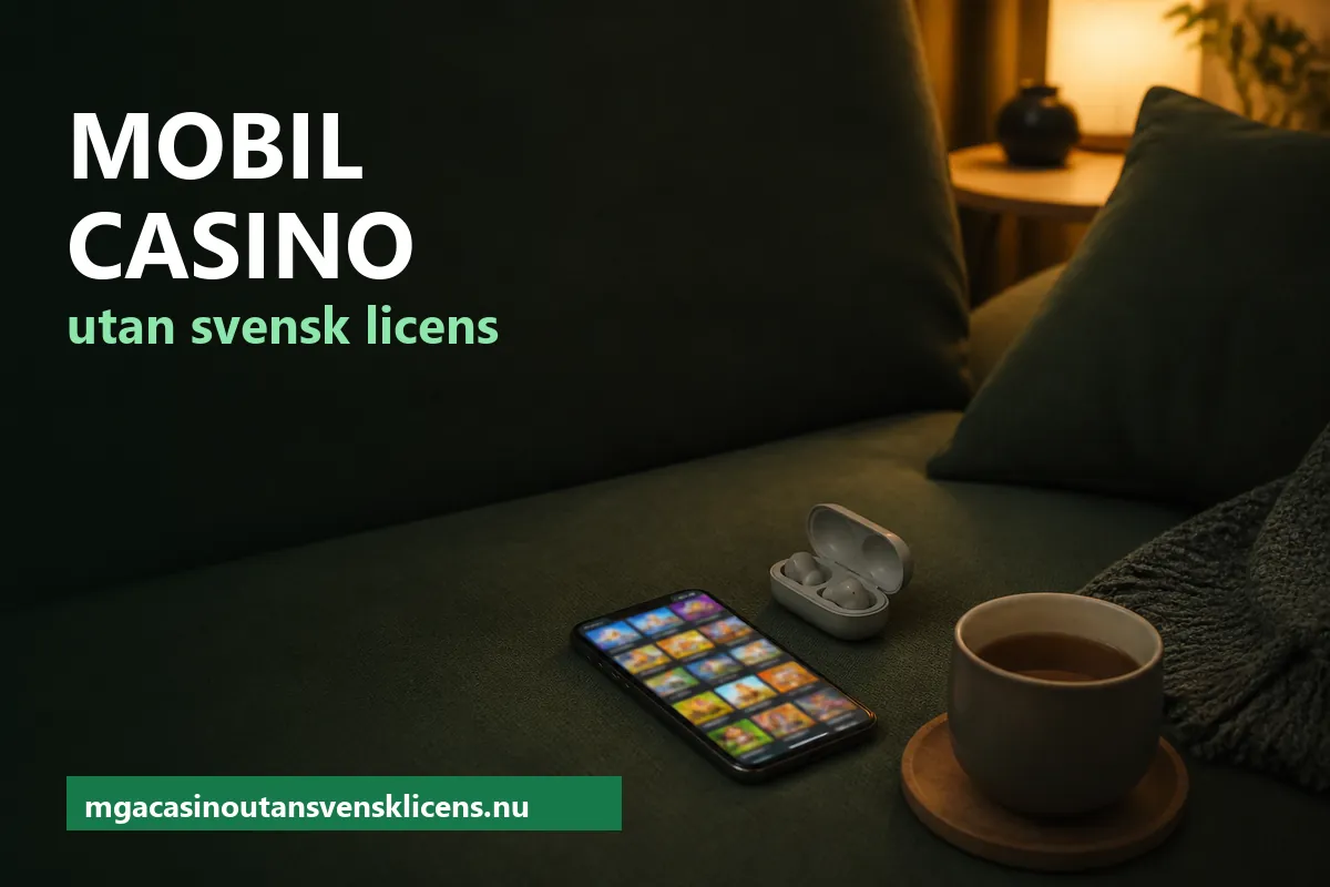 Mobiltelefon med en suddig spellobby på en grön soffa bredvid hörlurar och en kopp te – mobil casino utan svensk licens
