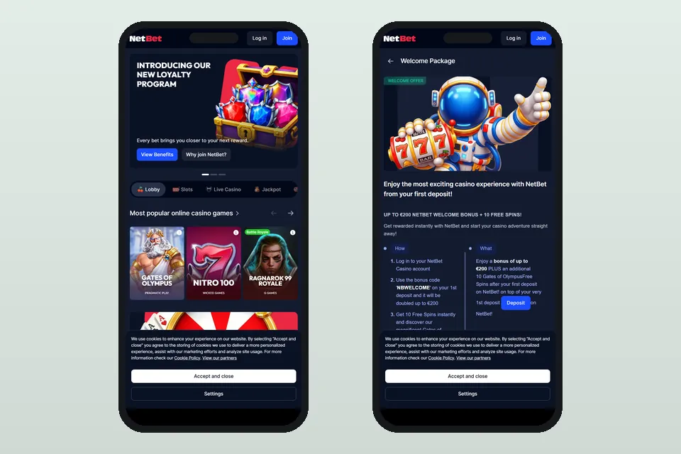 NetBets startsida och välkomstsida i en mobiltelefon
