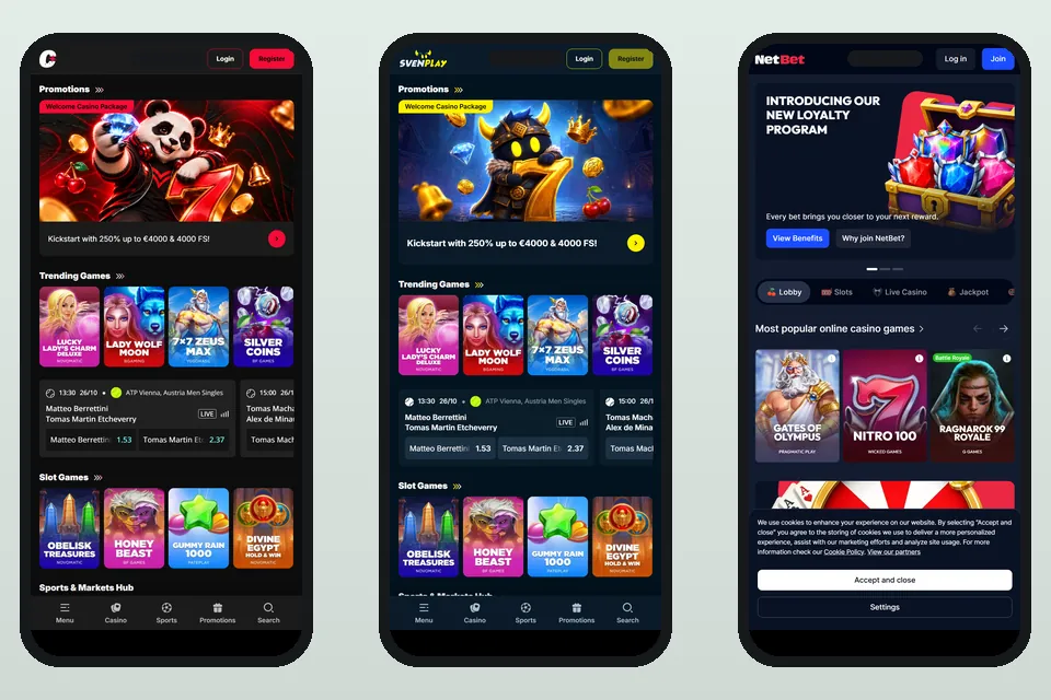 Startsidorna hos Chalkwins, SvenPlay och NetBet i en mobiltelefon, sida vid sida