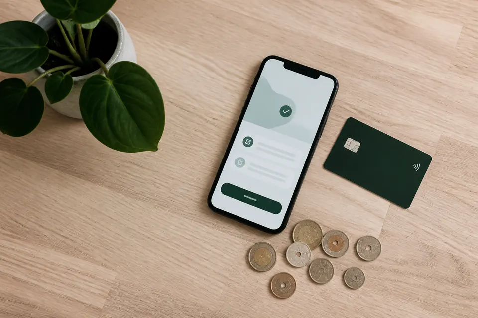 Nordiska betalsätt på casino – mobil med bankapp på ett träbord i nordisk stil