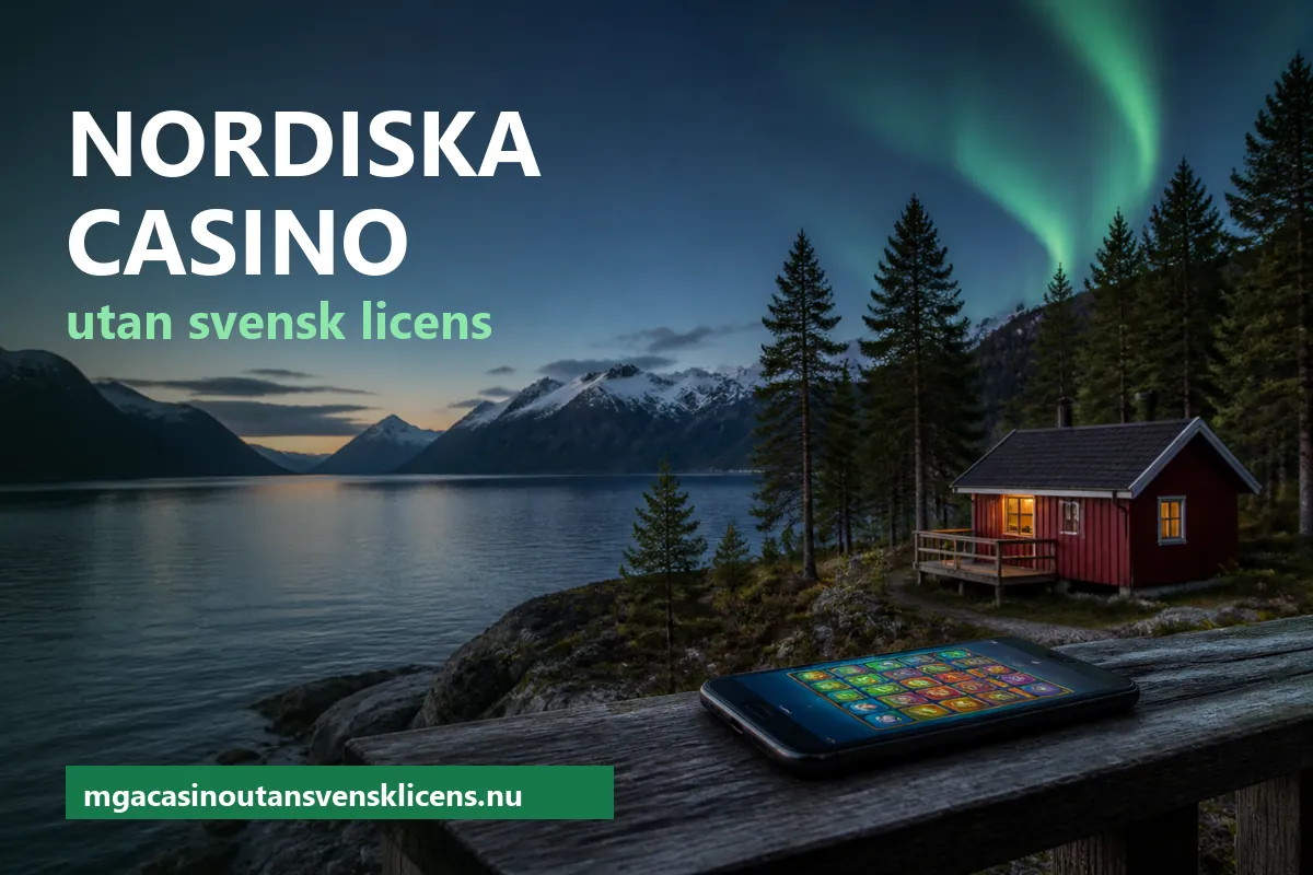 Nordiska casino utan svensk licens – fjordlandskap i skymning med en mobil som visar en spellobby