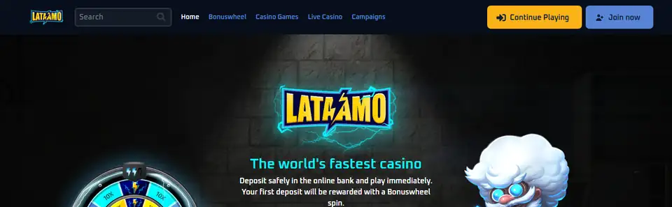 Lataamo startsida: «The world's fastest casino» med bonushjul