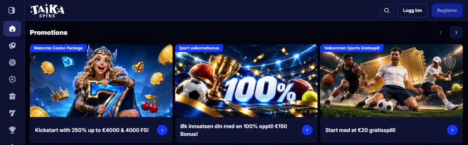 Taika Spins norska startsida med välkomstpaket och sportbonus