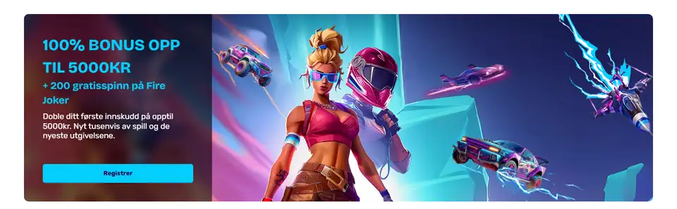 Vauhdikas norska startsida: 100 % bonus opp til 5000 kr + 200 gratisspinn på Fire Joker