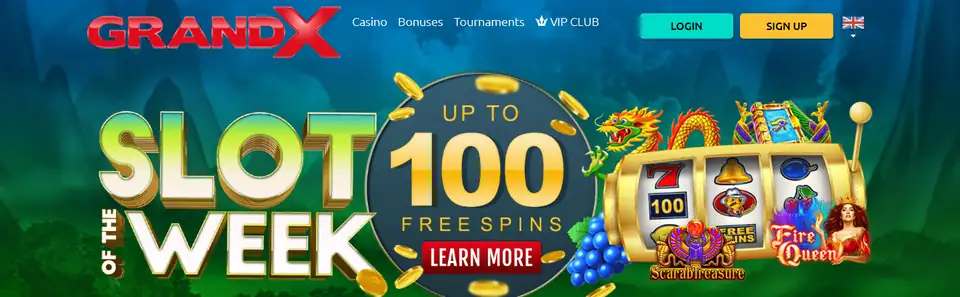 GrandX startsida med veckans slot och free spins