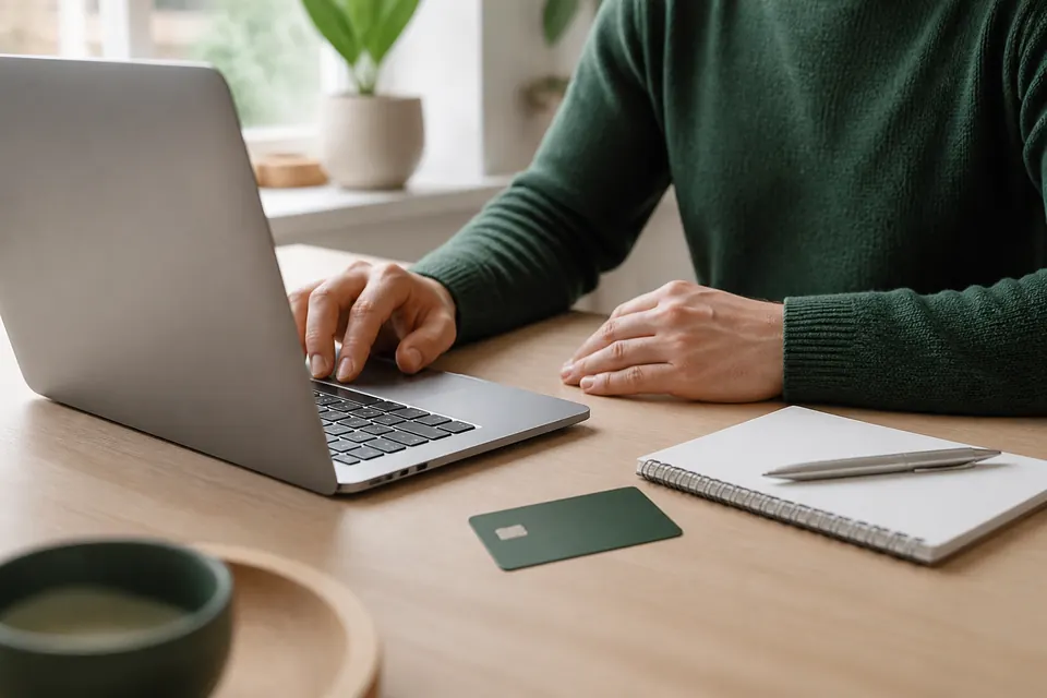 Händer vid en laptop med ett blankt grönt bankkort och ett anteckningsblock på ett skrivbord i dagsljus