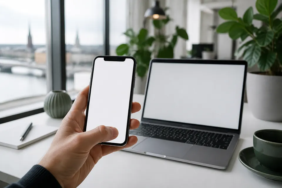 Hand som godkänner en betalning i mobilen framför en bärbar dator i ett ljust kontor