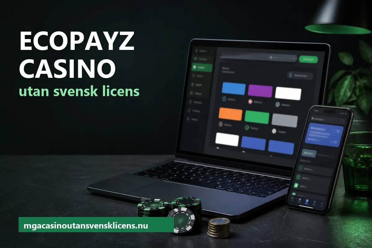 Laptop med casinokassa och mobil med e-plånbok i grönt kvällsljus – ecoPayz casino utan svensk licens