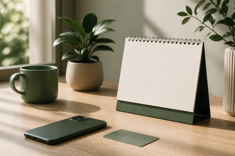 Kalender, mobiltelefon och ett bankkort utan text på ett skrivbord i morgonljus