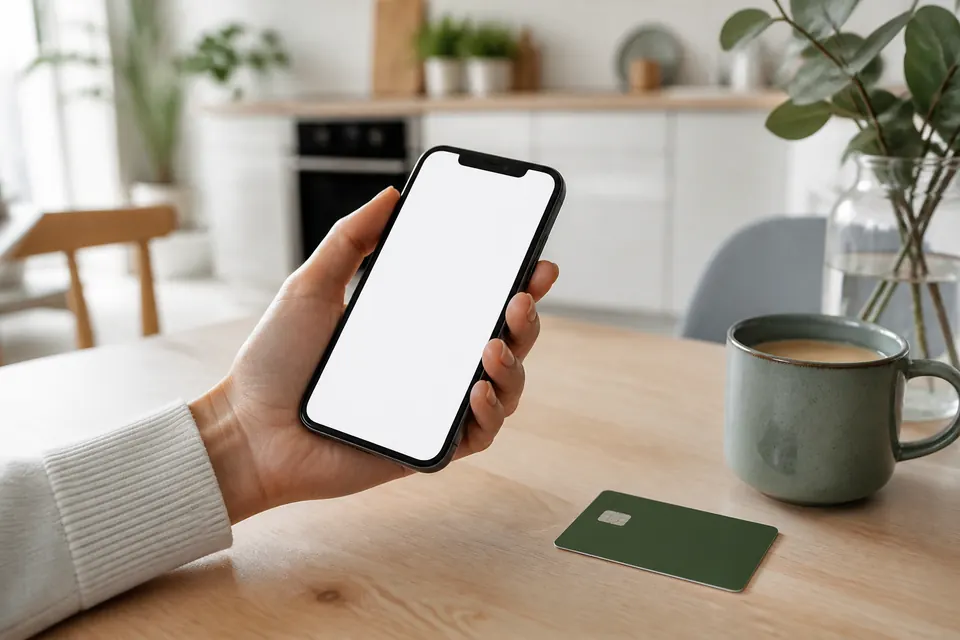 Hand som håller en mobiltelefon vid ett köksbord med ett bankkort och en kaffekopp