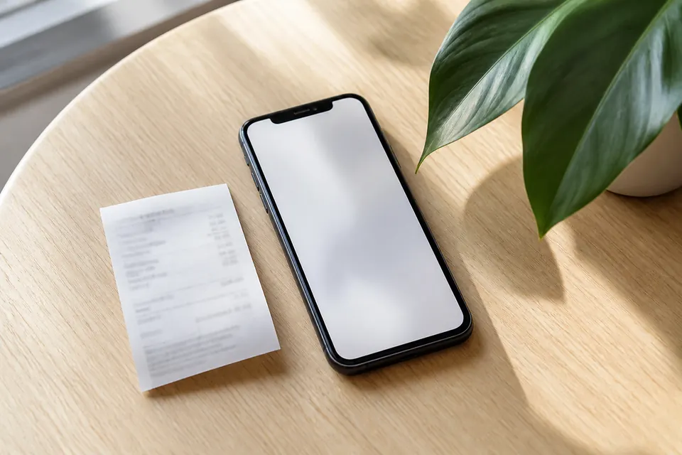 Mobiltelefon och ett kvitto på ett ljust bord, mjukt dagsljus