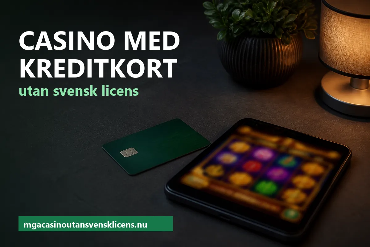 Grönt kreditkort med chip bredvid en mobiltelefon med ett färgglatt casinospel på ett mörkt skrivbord