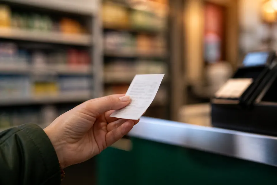 En hand som håller ett litet kvitto vid en butiksdisk