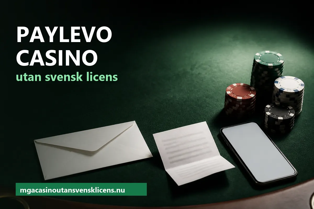 Ett oöppnat kuvert och en mobiltelefon bredvid marker på ett grönt spelbord – Paylevo casino utan svensk licens