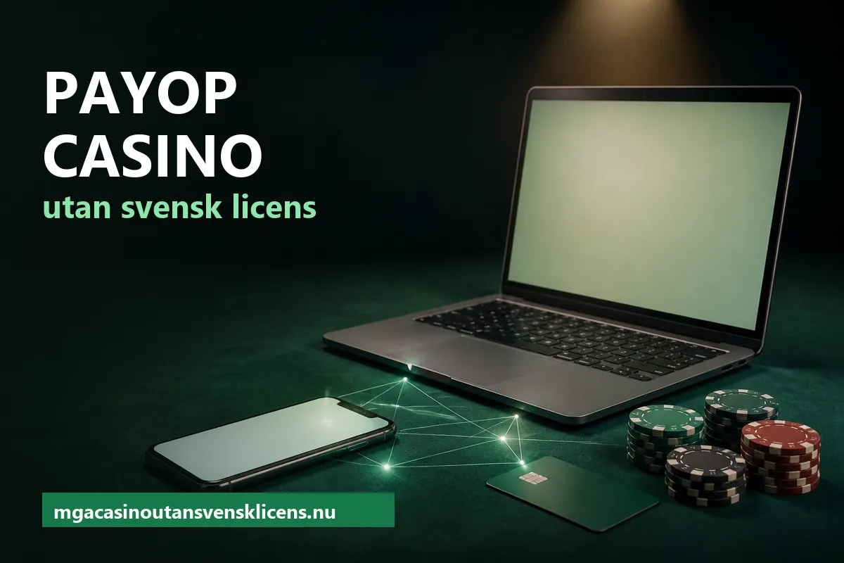 Bärbar dator och mobiltelefon på ett mörkgrönt skrivbord med ett bankkort och marker – Payop på casino utan svensk licens