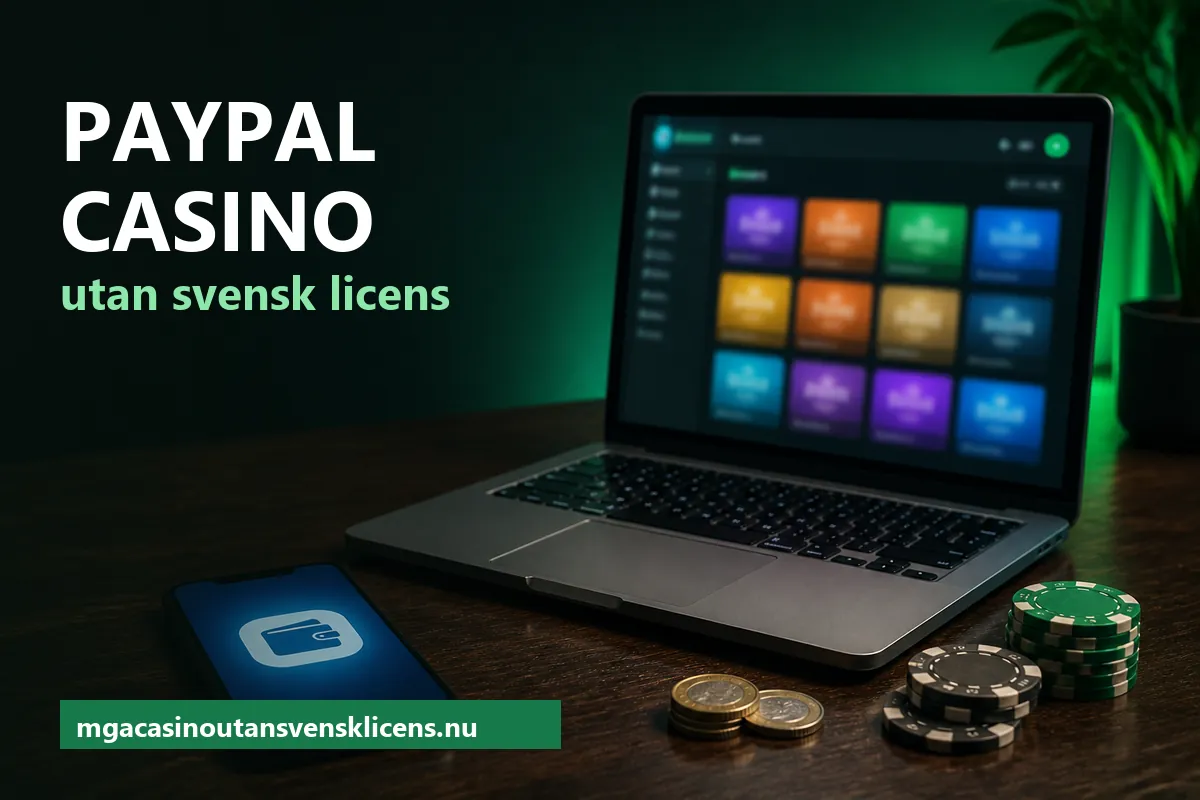Laptop med casinokassa och mobil med e-plånbok i grönt kvällsljus – PayPal casino utan svensk licens
