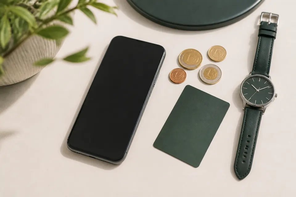 Mobiltelefon, ett grönt kort, mynt och ett armbandsur på ett ljust skrivbord