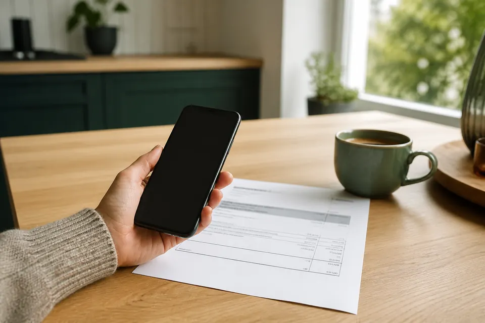 Hand som håller en mobiltelefon ovanför en pappersfaktura på ett köksbord