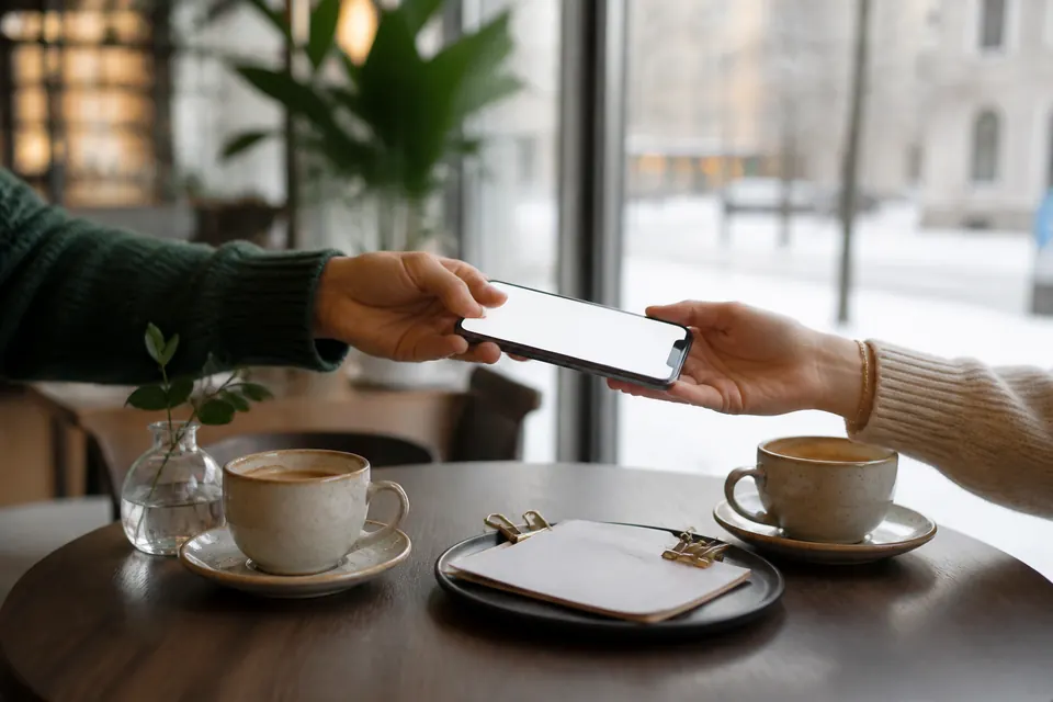 Två händer skickar en mobiltelefon över ett kafébord med två kaffekoppar
