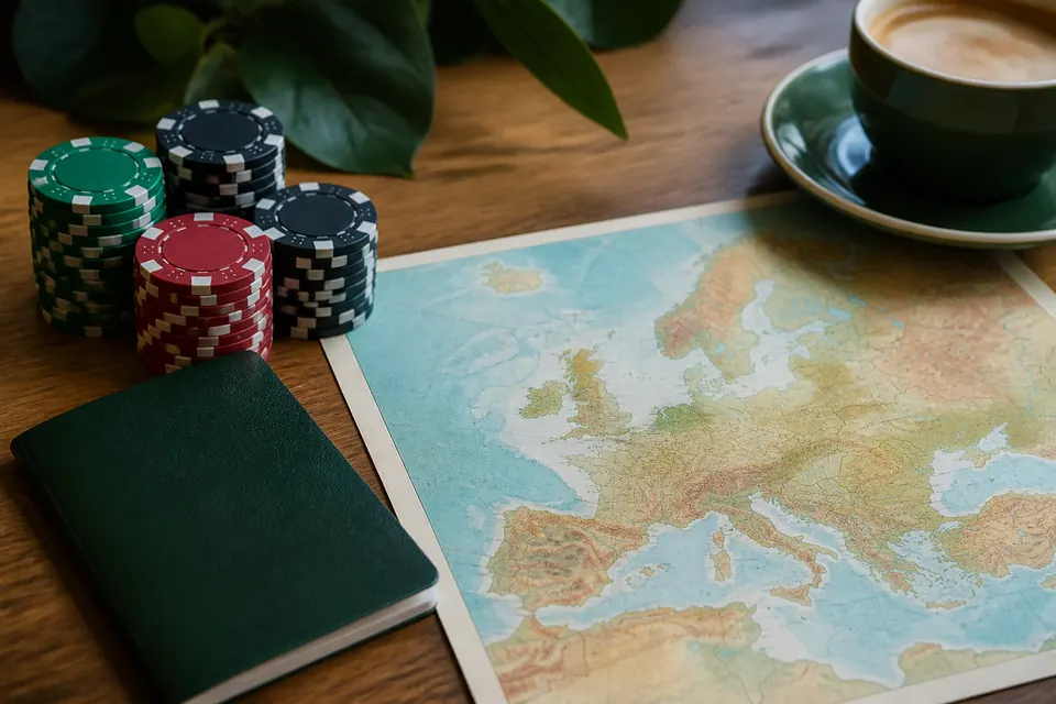 Spelmarker, ett pass och en karta över Europa på ett bord