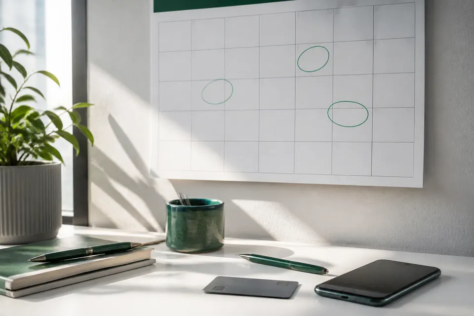 Väggkalender med inringade vardagar ovanför ett skrivbord med kort och mobil