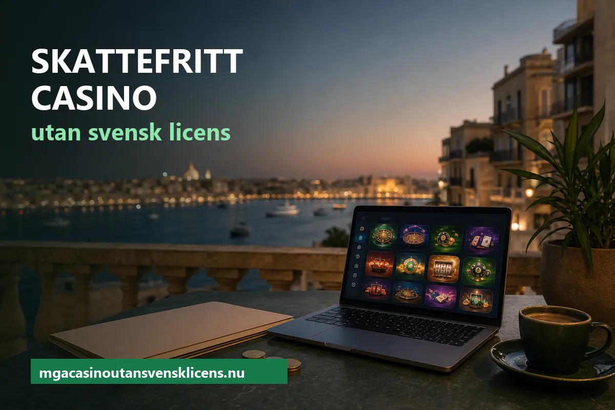 Skattefritt casino utan svensk licens – skrivbord på en balkong i Sliema med en laptop som visar en spellobby, euromynt och en pappersmapp