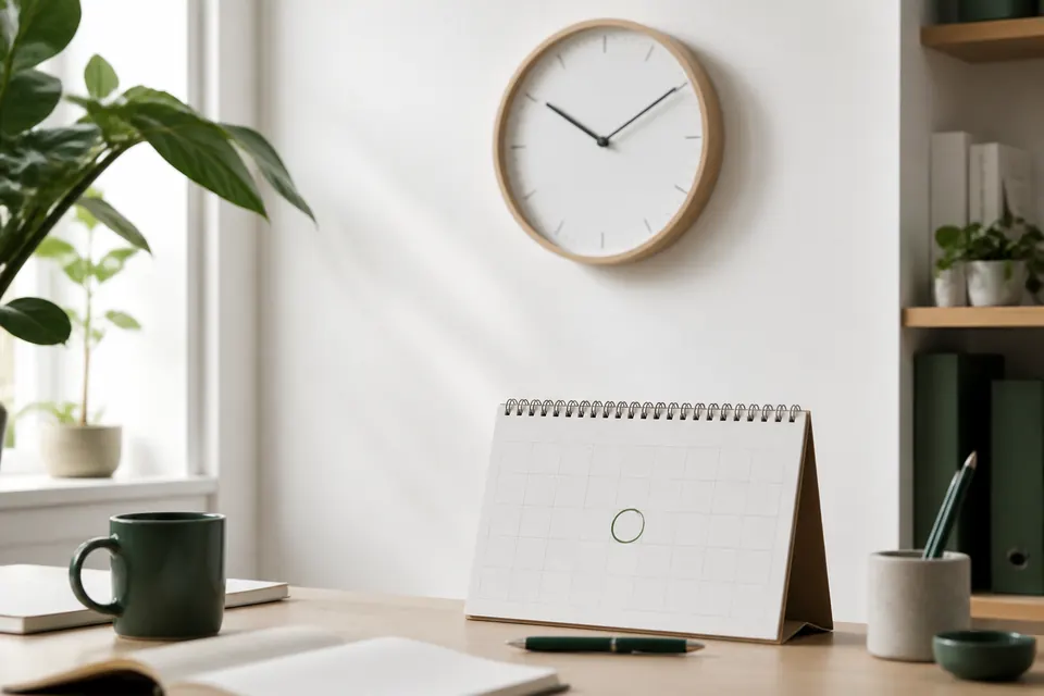 Väggklocka och en kalender med en markerad vardag på ett kontor