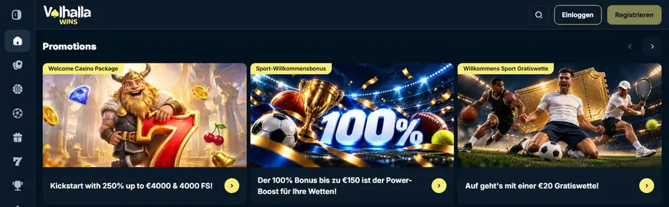 Valhalla Wins tyska startsida med välkomstpaket och Sport-Willkommensbonus 100 % bis zu 150 €