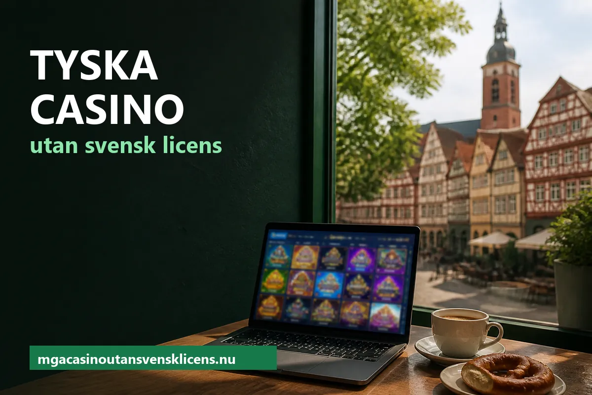 Bärbar dator med en suddig spellobby på ett bord vid ett fönster mot korsvirkeshus i en tysk gamla stad