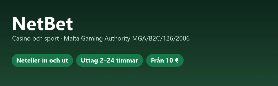 NetBet i korthet: Neteller in och ut, uttag 2–24 timmar, från 10 €
