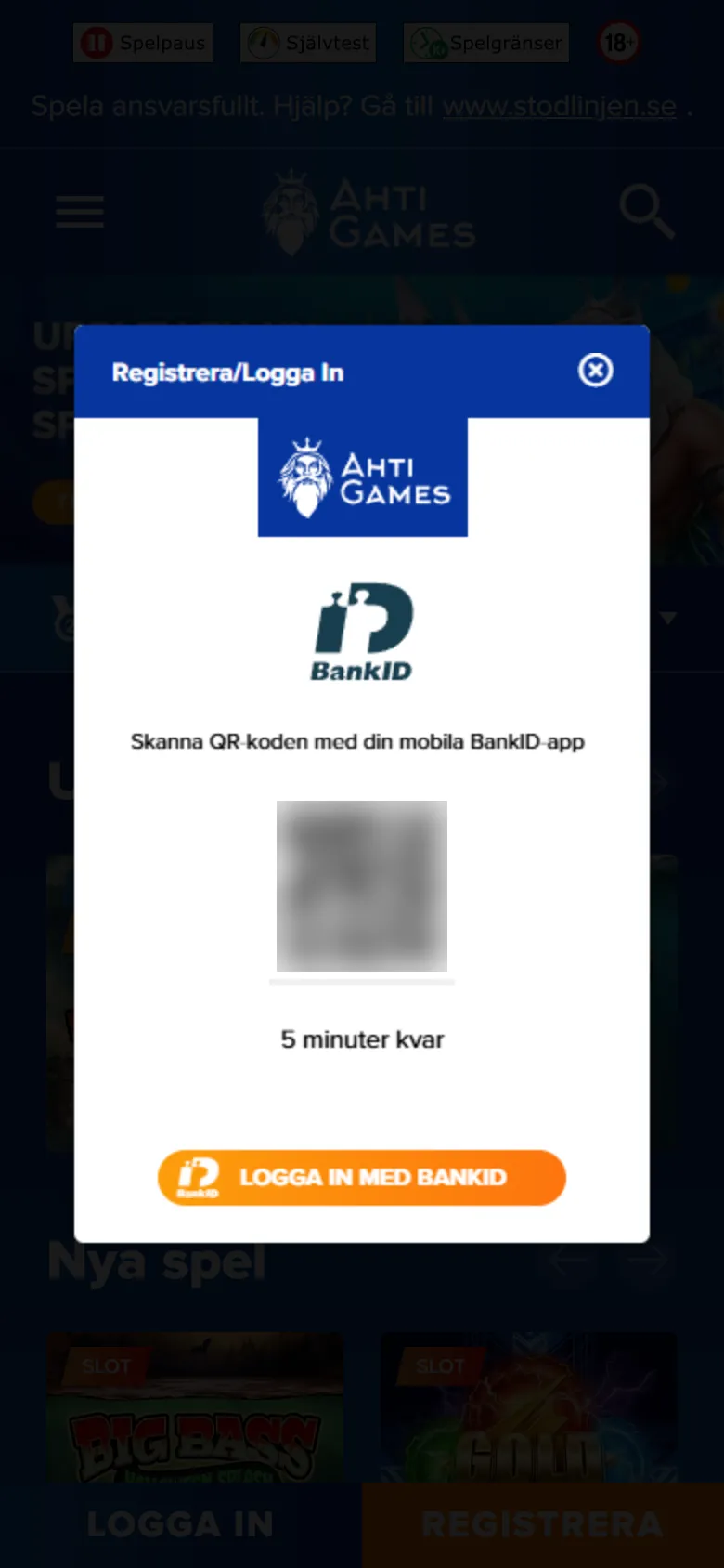 Ahti Games inloggning med BankID på mobilen, QR-koden suddad