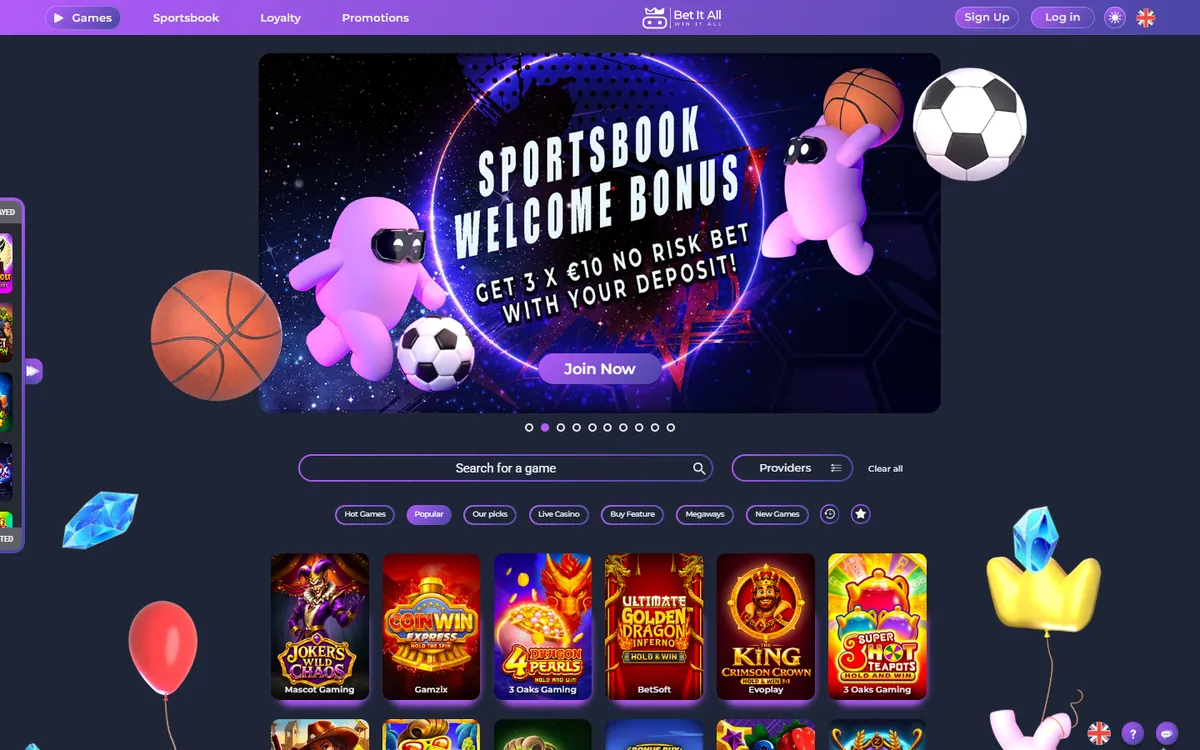 Bet it All casino startsida på desktop