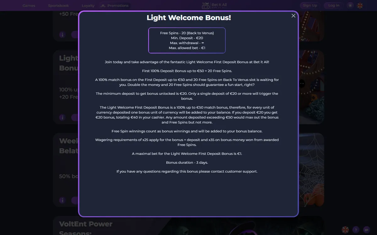 Villkoren för Betitall Light Welcome Bonus