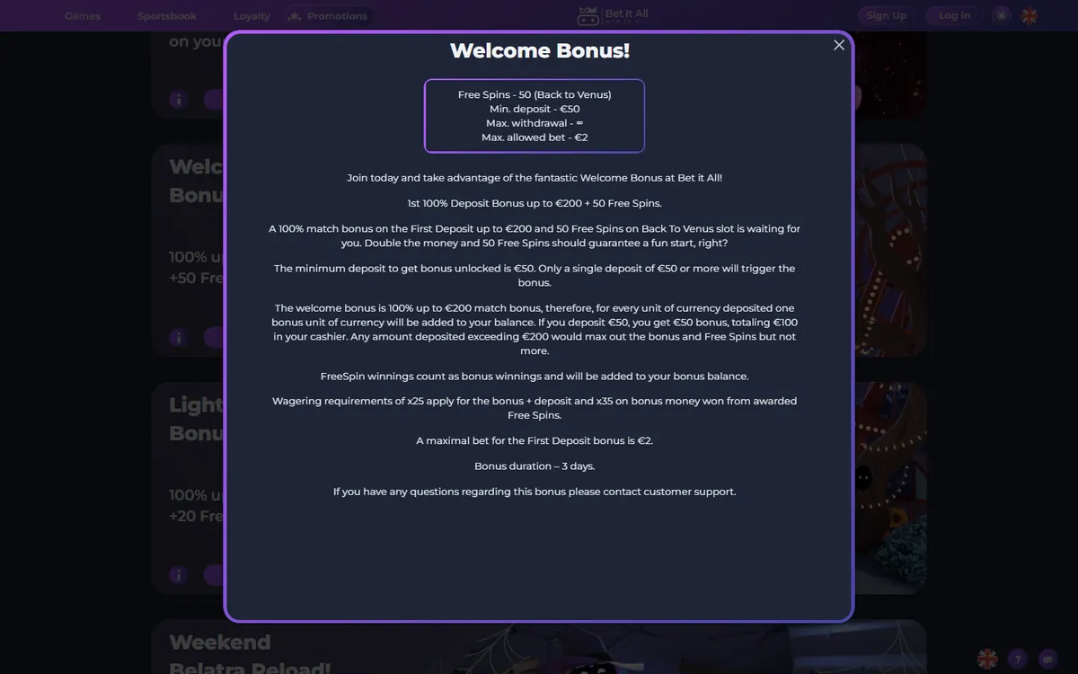 Villkoren för Betitall casino bonus 100 % upp till 200 € + 50 free spins