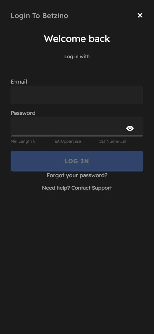 Betzino login på mobilen med e-post och lösenord