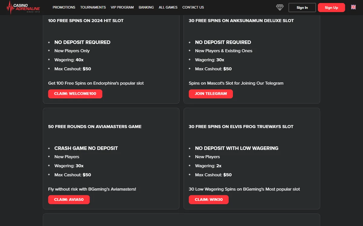 Casino Adrenaline no deposit bonus och free spins