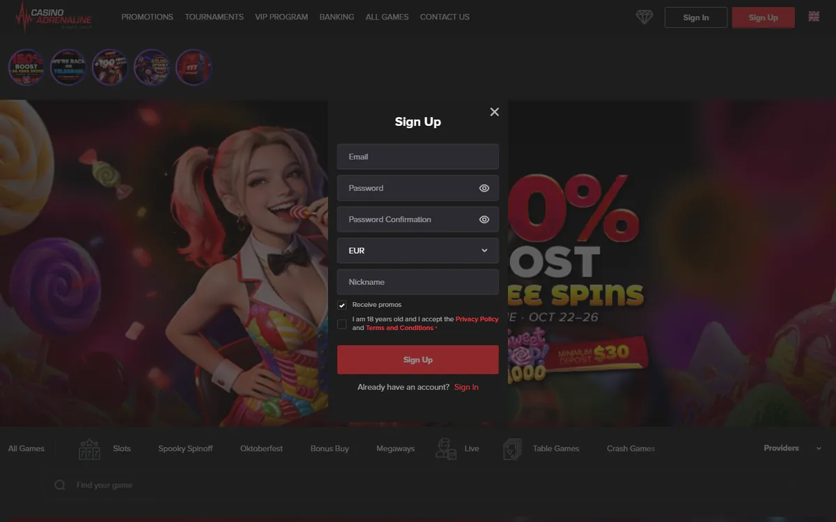 Registrering hos Casino Adrenaline