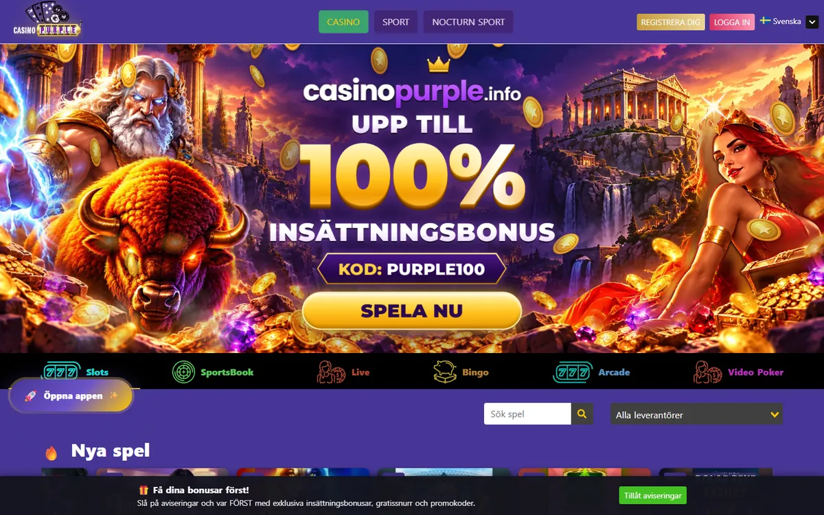 Casino Purple startsida på svenska med bonuskoden PURPLE100