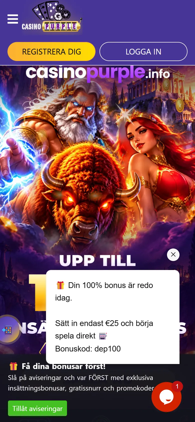 Casino Purple på mobilen med knapparna Registrera dig och Logga in