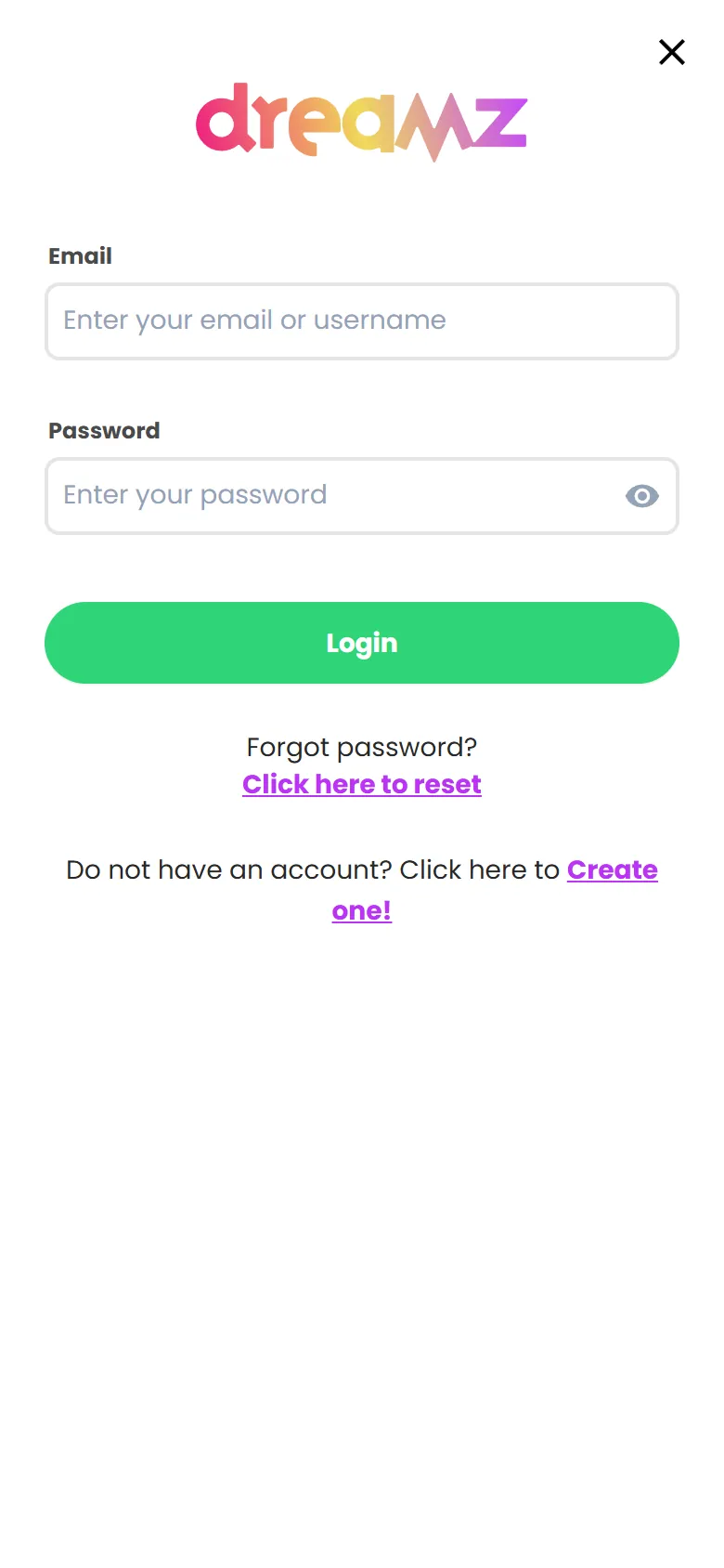 Dreamz login på mobilen med e-post och lösenord