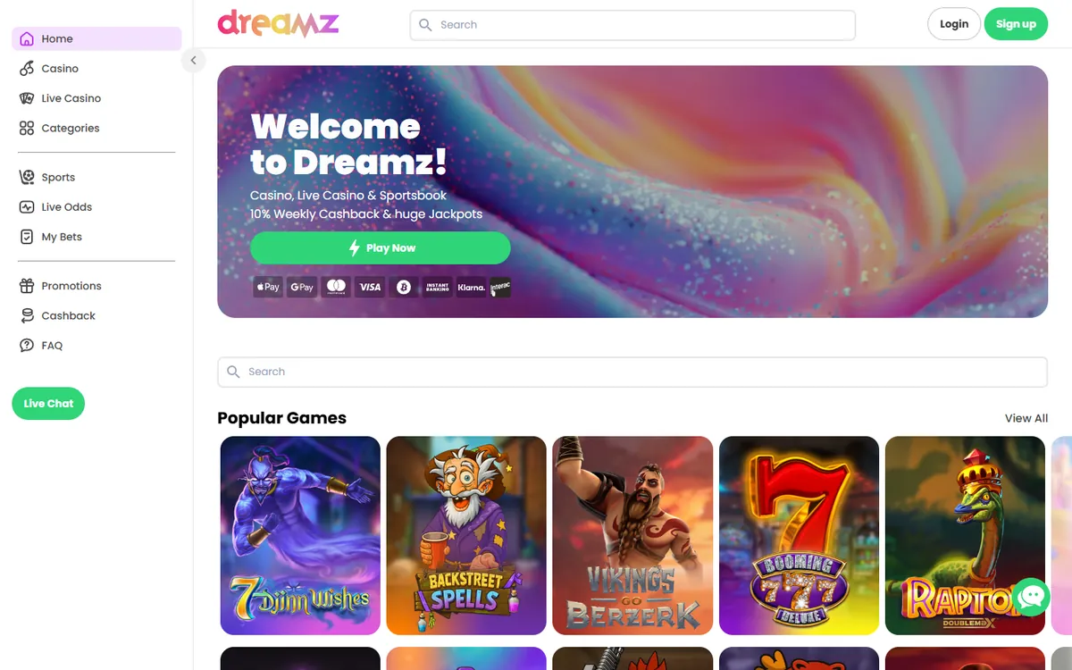 Dreamz casino startsida med betalikoner